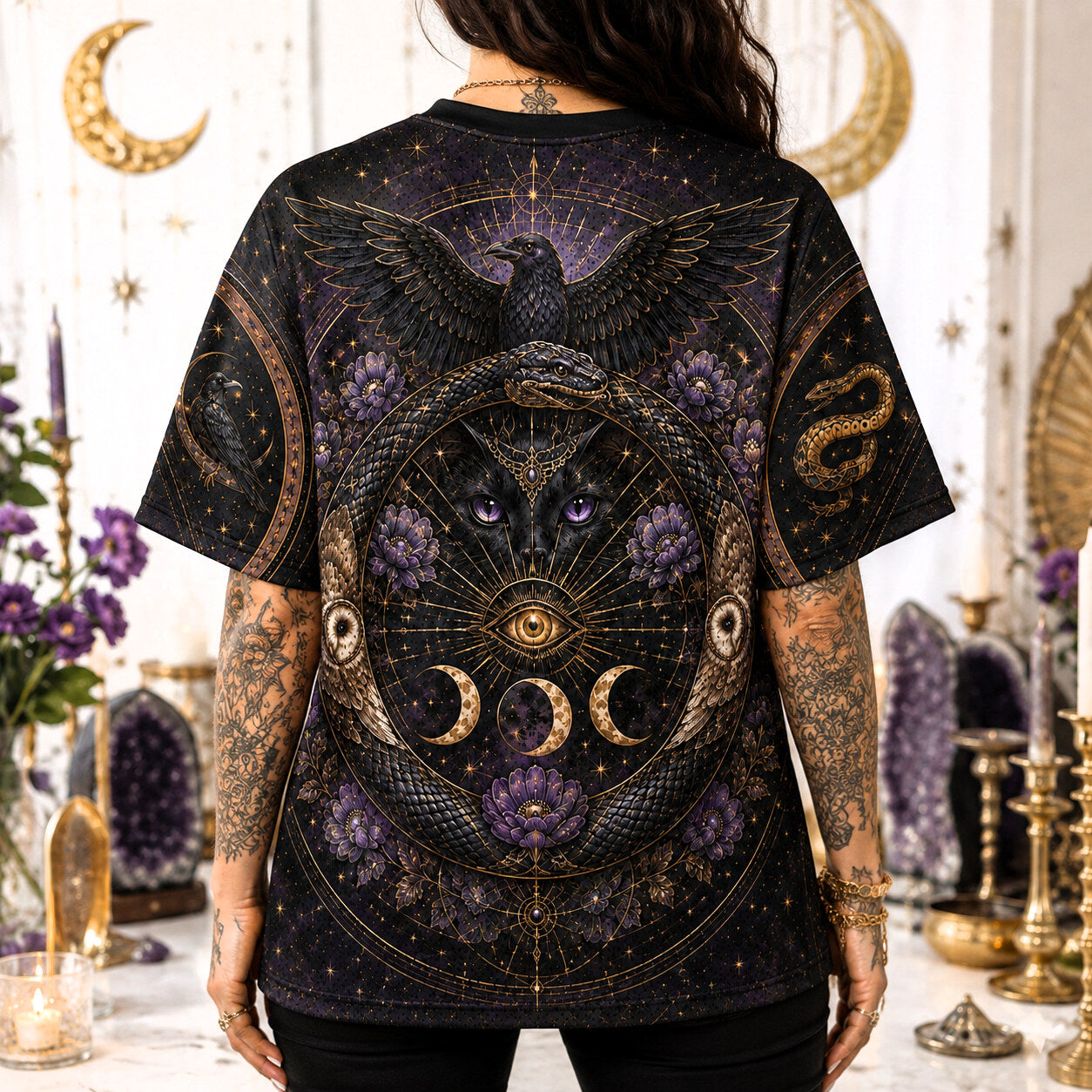 Owl Raven Black Cat Witch T-Shirt Serpent Familiar Gothic Tee worn, back view