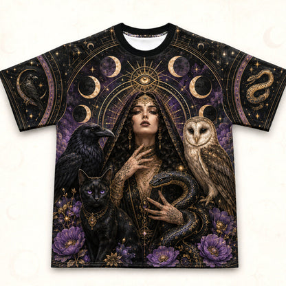 Owl Raven Black Cat Witch T-Shirt Serpent Familiar Gothic Tee front view