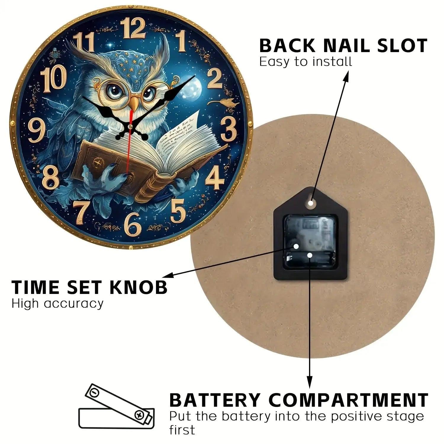 Owl Reading Book Wooden Wall Clock Witchy Wall Decor-MoonChildWorld
