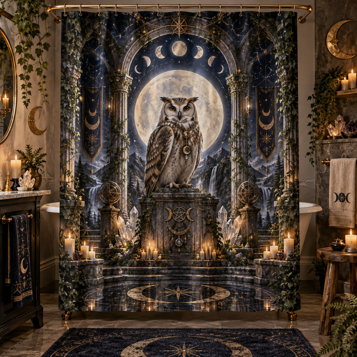 Owl Shower Curtain - Moon Temple Pagan Witchy Altar Decor