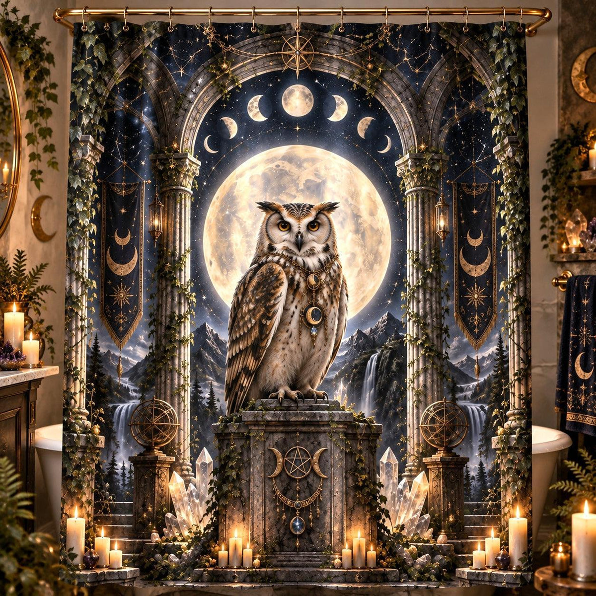 Owl Shower Curtain - Moon Temple Pagan Witchy Altar Decor