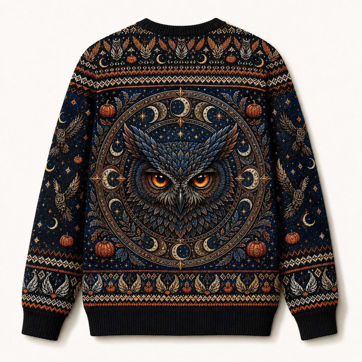 Owl Tarot Sweater Crescent Moon Pumpkin Blue Divination Knit back view