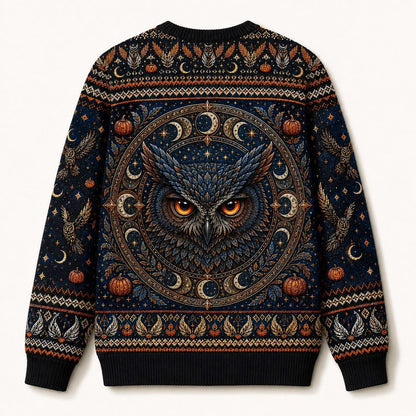 Owl Tarot Sweater Crescent Moon Pumpkin Blue Divination Knit back view