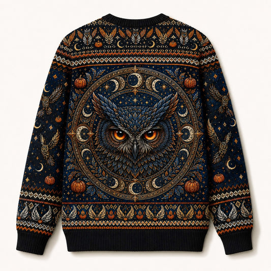 Owl Tarot Sweater Crescent Moon Pumpkin Blue Divination Knit back view