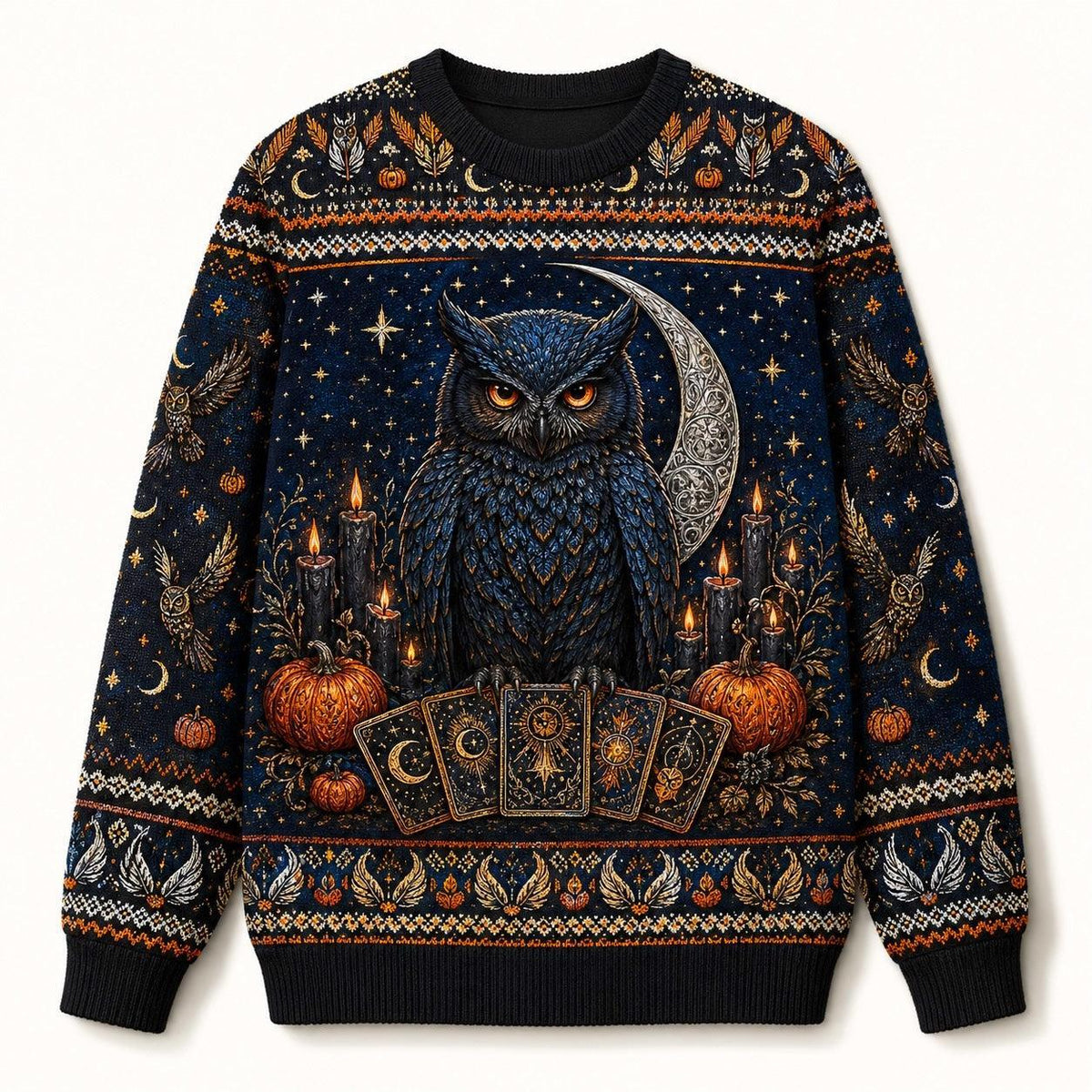 Owl Tarot Sweater Crescent Moon Pumpkin Blue Divination Knit front view
