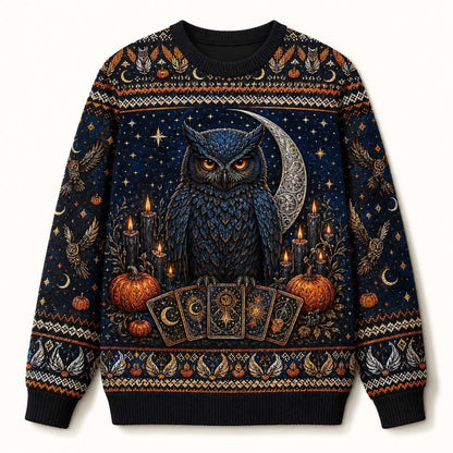 Owl Tarot Sweater Crescent Moon Pumpkin Blue Divination Knit front view