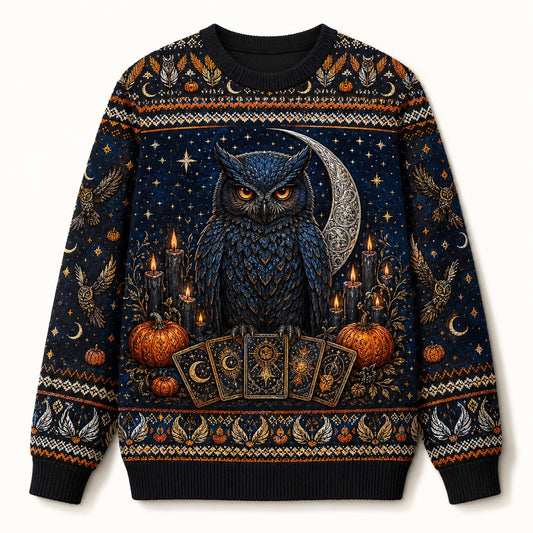 Owl Tarot Sweater Crescent Moon Pumpkin Blue Divination Knit front view