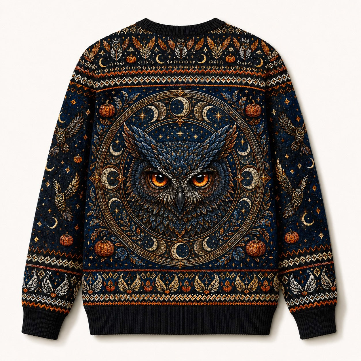 Owl Tarot Sweater Crescent Moon Pumpkin Blue Divination Knit back view