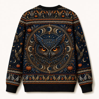 Owl Tarot Sweater Crescent Moon Pumpkin Blue Divination Knit back view