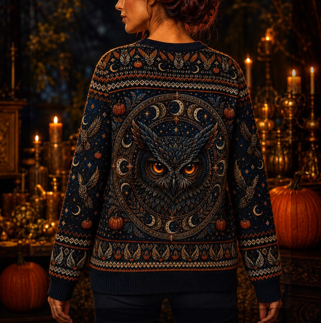 Owl Tarot Sweater Crescent Moon Pumpkin Blue Divination Knit worn, back view