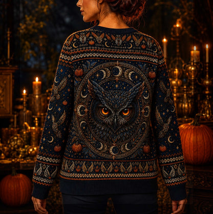 Owl Tarot Sweater Crescent Moon Pumpkin Blue Divination Knit worn, back view
