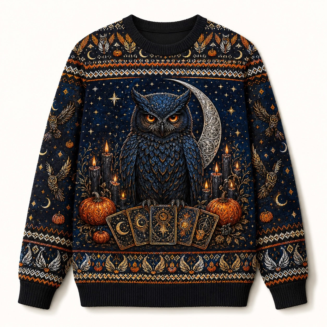 Owl Tarot Sweater Crescent Moon Pumpkin Blue Divination Knit front view