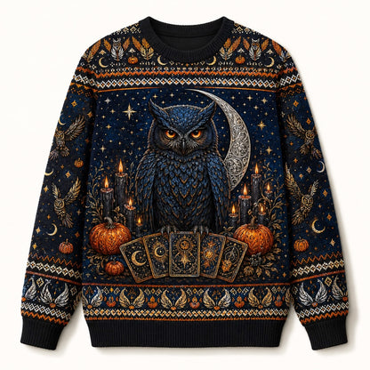 Owl Tarot Sweater Crescent Moon Pumpkin Blue Divination Knit front view
