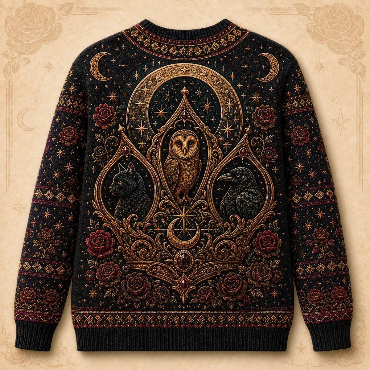 Owl Throne Witch Sweater Raven Candle Gold Arch Gothic Knit back view
