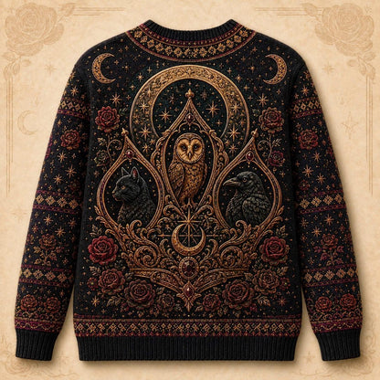 Owl Throne Witch Sweater Raven Candle Gold Arch Gothic Knit back view