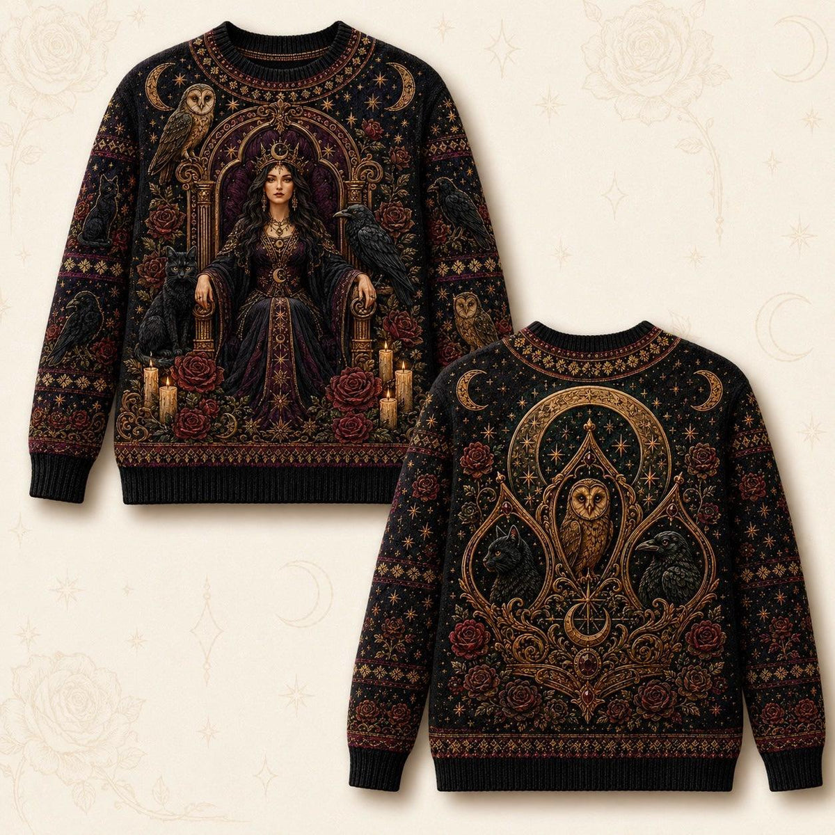 Owl Throne Witch Sweater Raven Candle Gold Arch Gothic Knit front and back together