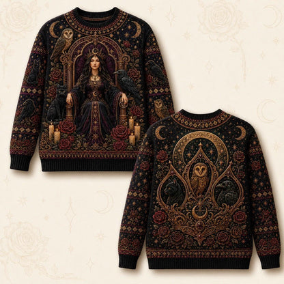 Owl Throne Witch Sweater Raven Candle Gold Arch Gothic Knit front and back together