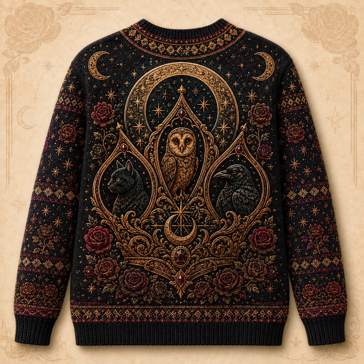 Owl Throne Witch Sweater Raven Candle Gold Arch Gothic Knit back view