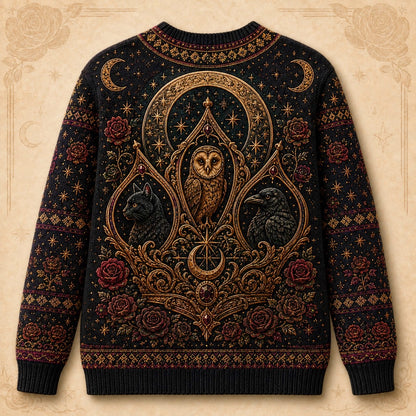 Owl Throne Witch Sweater Raven Candle Gold Arch Gothic Knit back view