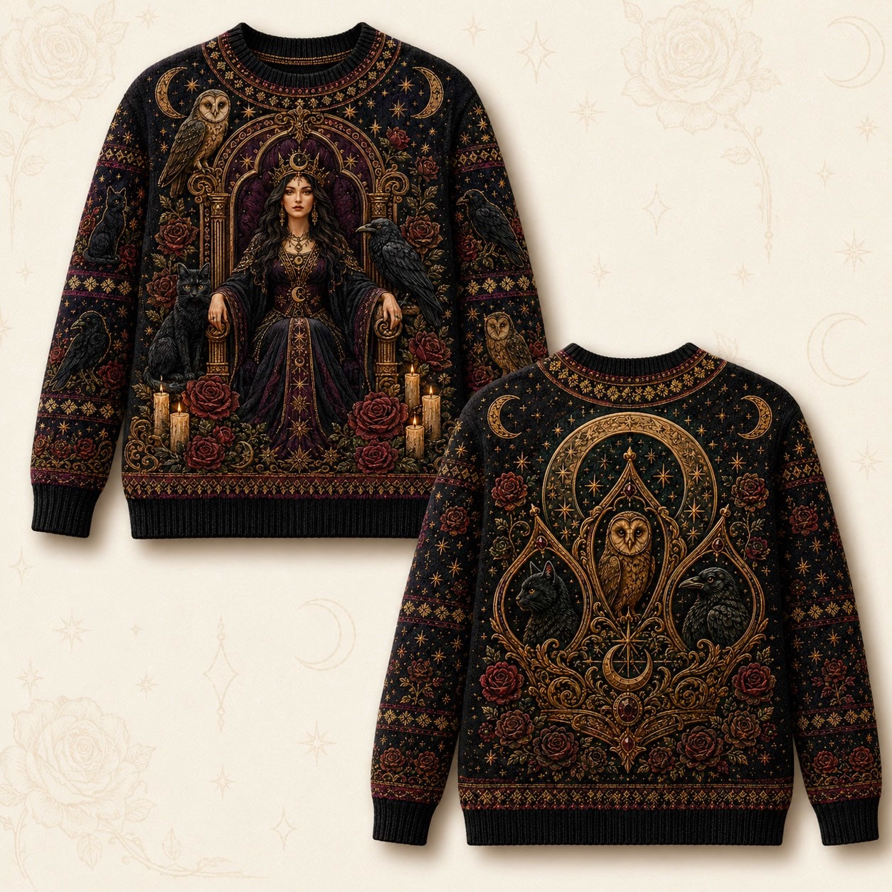Owl Throne Witch Sweater Raven Candle Gold Arch Gothic Knit front and back together