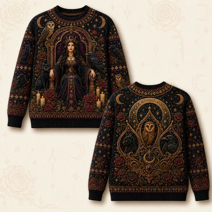 Owl Throne Witch Sweater Raven Candle Gold Arch Gothic Knit front and back together