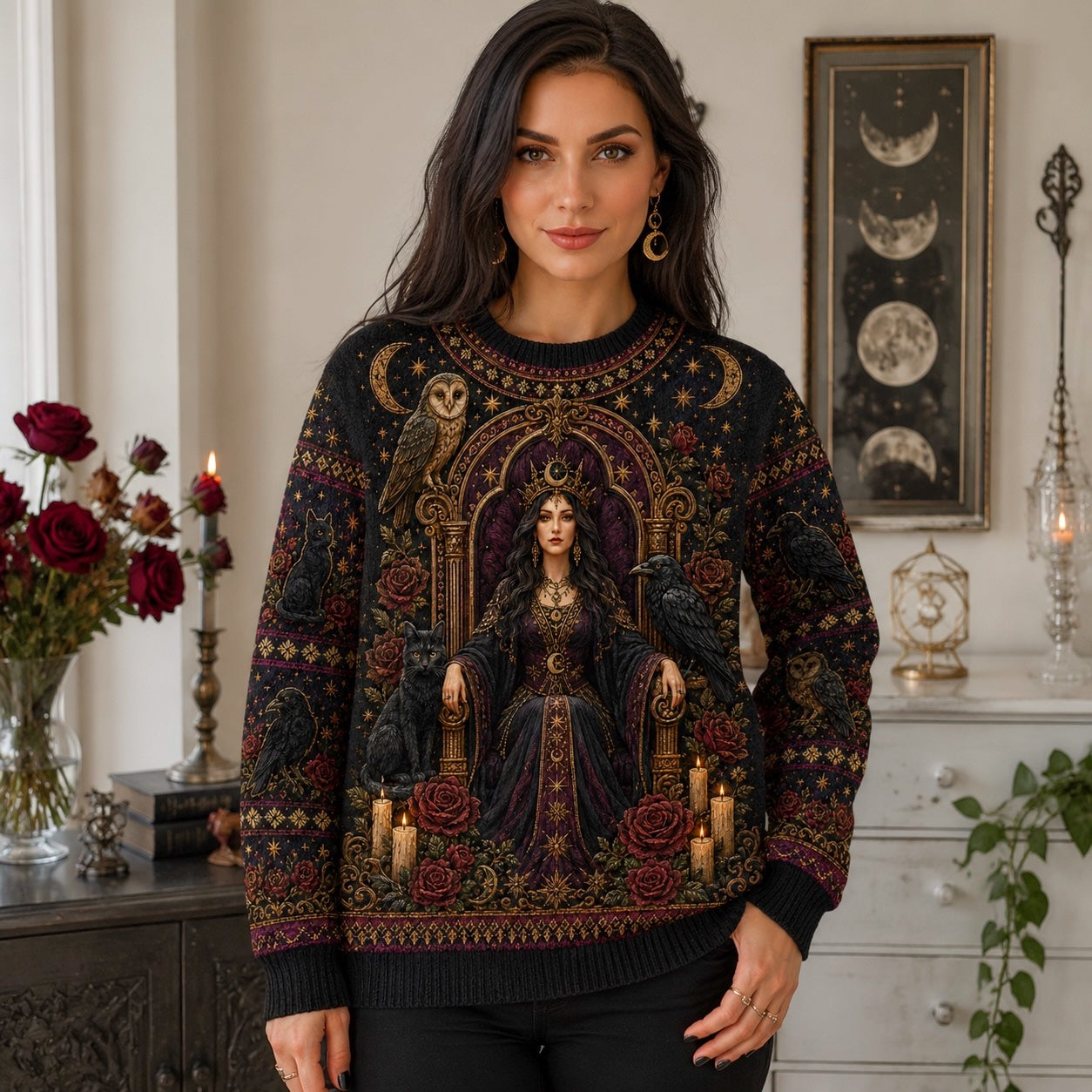 Owl Throne Witch Sweater Raven Candle Gold Arch Gothic Knit worn, front view