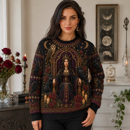 Owl Throne Witch Sweater Raven Candle Gold Arch Gothic Knit worn, front view