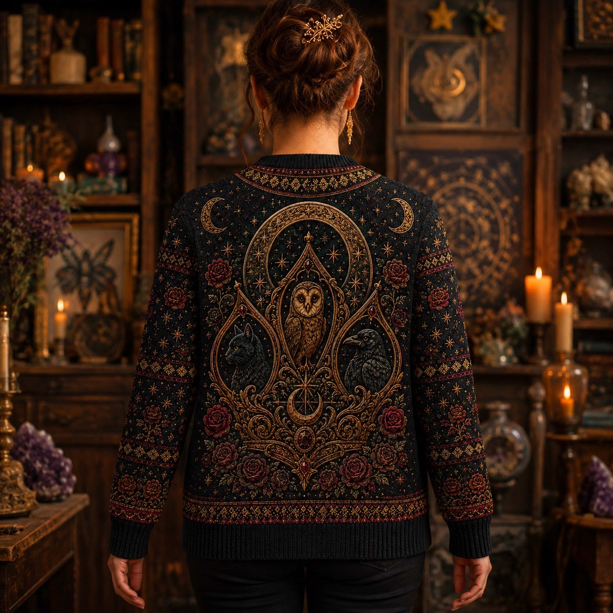 Owl Throne Witch Sweater Raven Candle Gold Arch Gothic Knit worn, back view