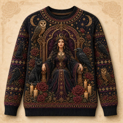 Owl Throne Witch Sweater Raven Candle Gold Arch Gothic Knit front view