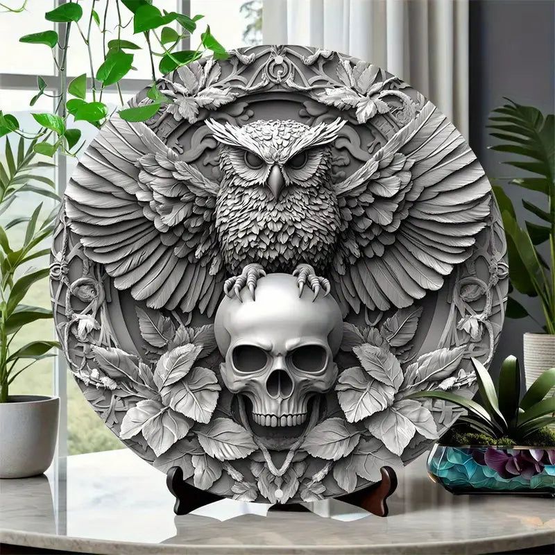 Owl and Skull Metal Sign | Gothic Witchy Wall Art Decor