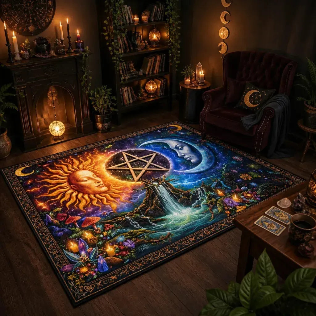 Pagan Area Rug with Pentacle, Sun and Moon – Wicca Carpet for Mystical Home Decor_mockup_1.webp