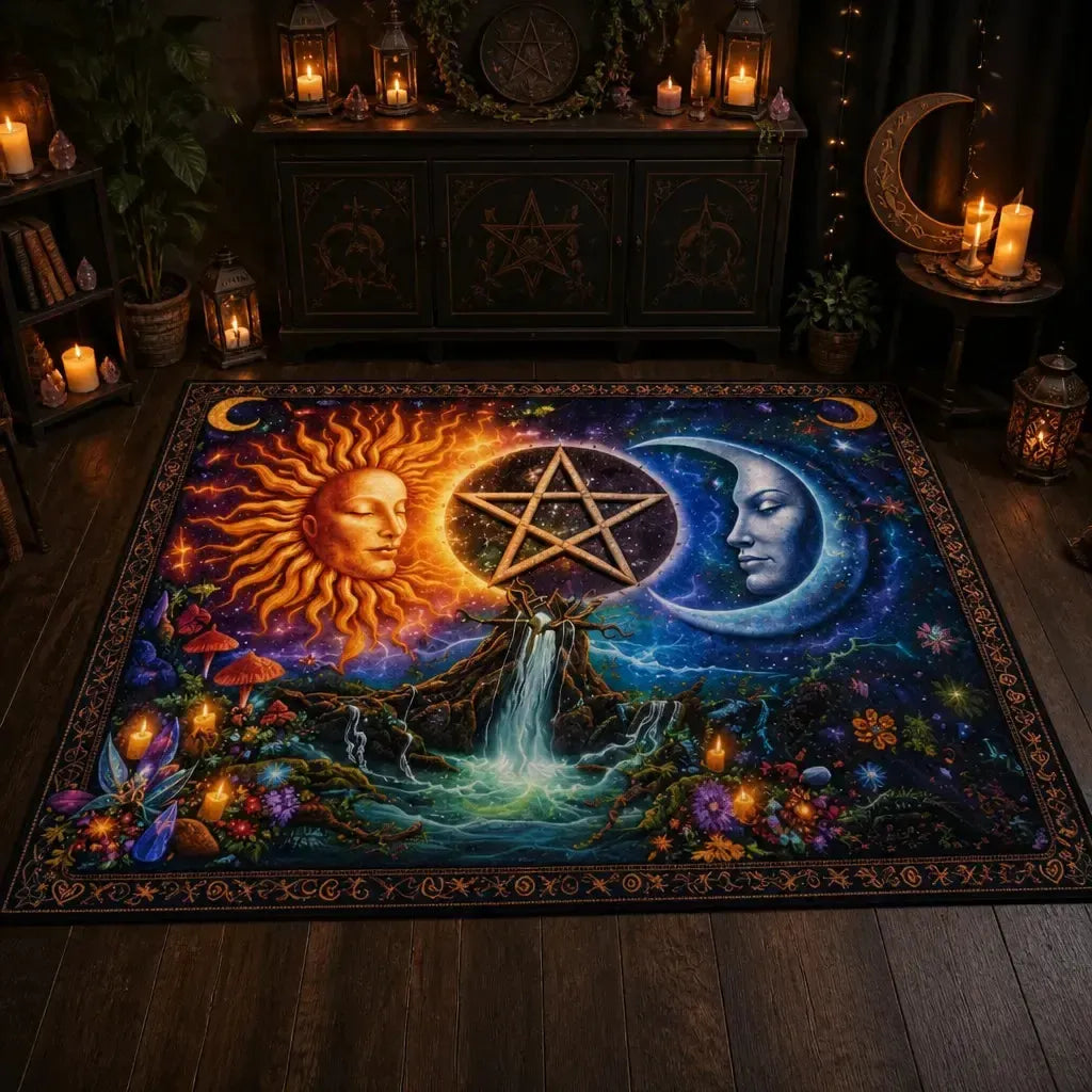 Pagan Area Rug with Pentacle, Sun and Moon – Wicca Carpet for Mystical Home Decor_mockup_2.webp