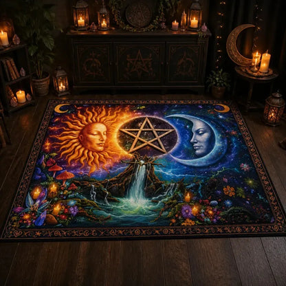 Pagan Area Rug with Pentacle, Sun and Moon – Wicca Carpet for Mystical Home Decor_mockup_2.webp