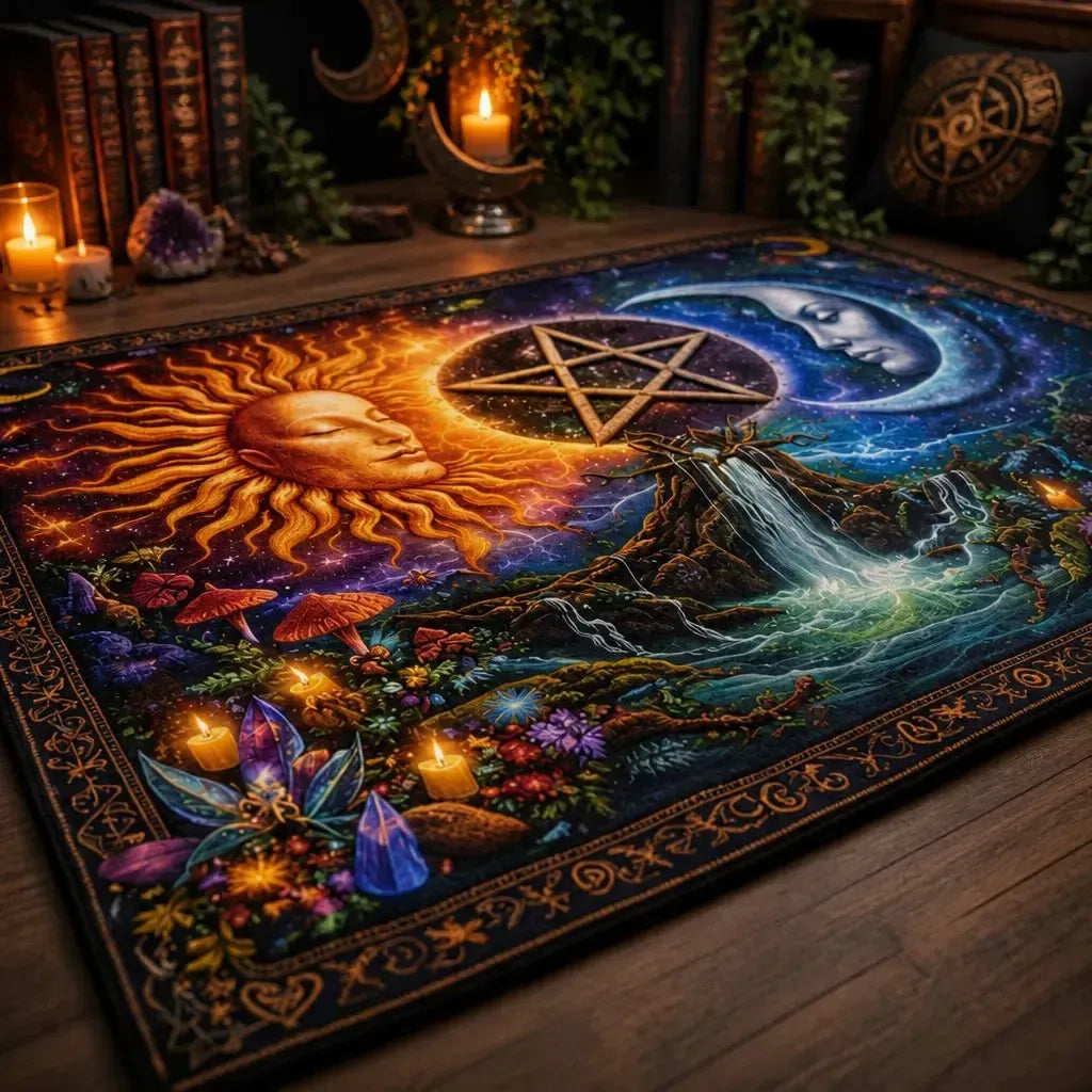 Pagan Area Rug with Pentacle, Sun and Moon – Wicca Carpet for Mystical Home Decor_mockup_3.webp