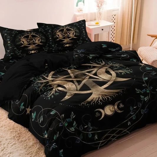 Pagan Bedding Set with Tree Of Life, Pentagram, Triple Moon Phase Wicca Duvet Cover Set-MoonChildWorld