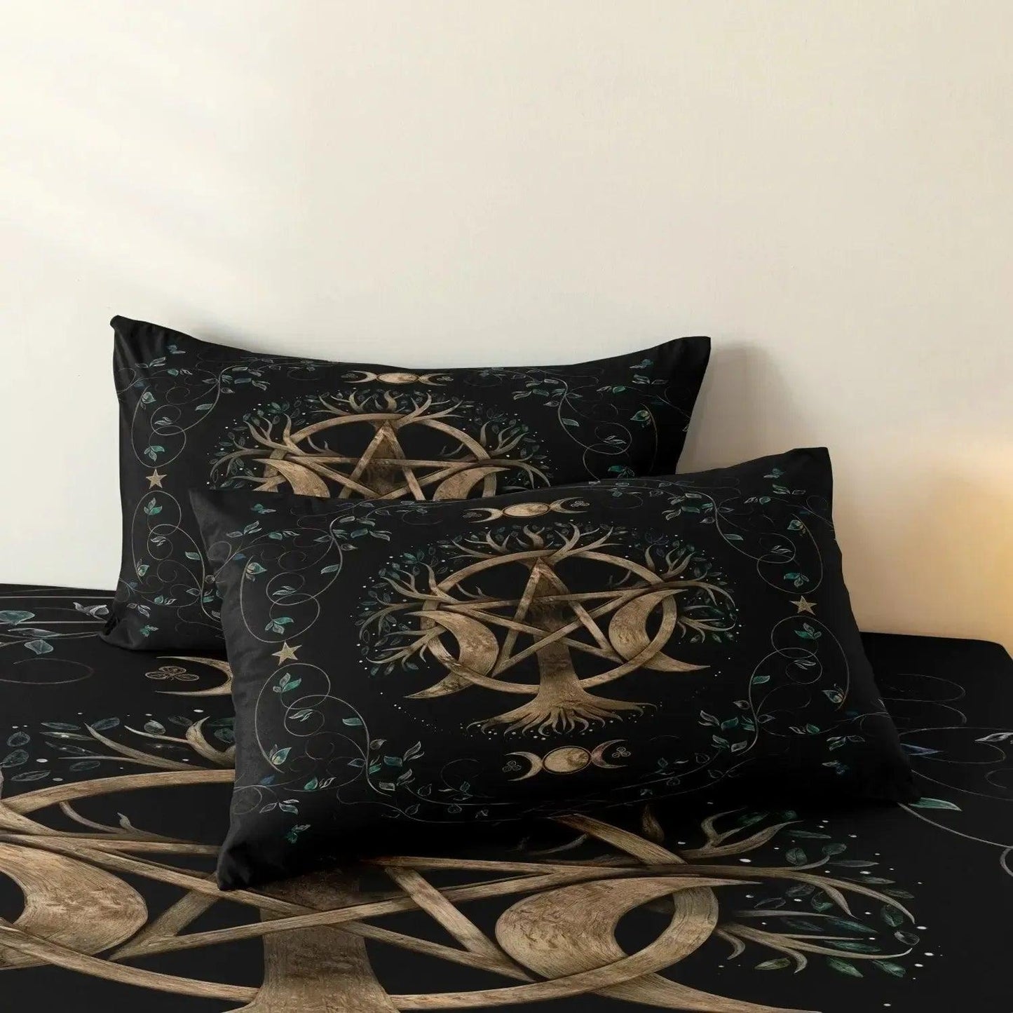 Pagan Bedding Set with Tree Of Life, Pentagram, Triple Moon Phase Wicca Duvet Cover Set-MoonChildWorld