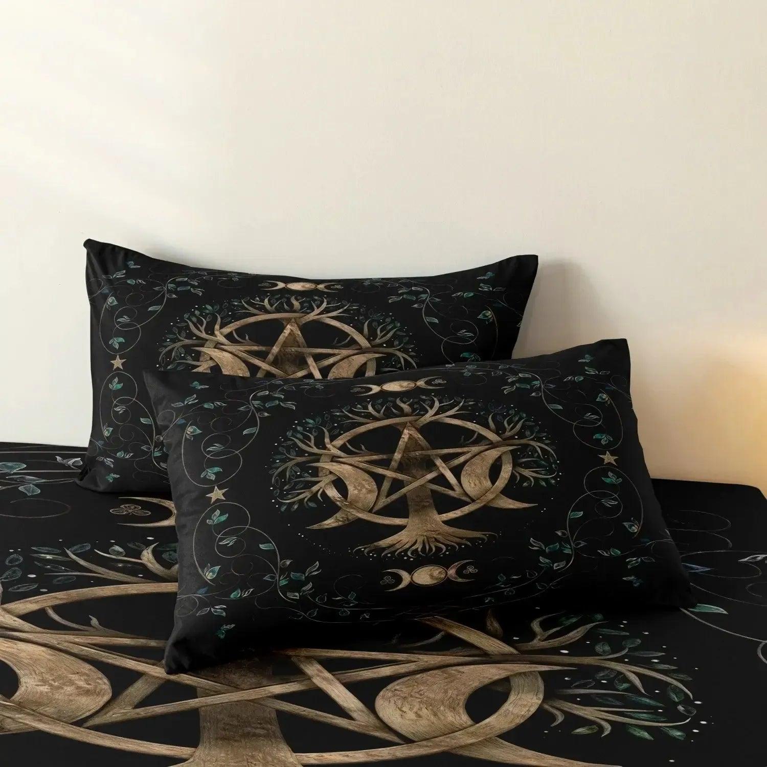 Pagan Bedding Set with Tree Of Life, Pentagram, Triple Moon Phase Wicca Duvet Cover Set-MoonChildWorld