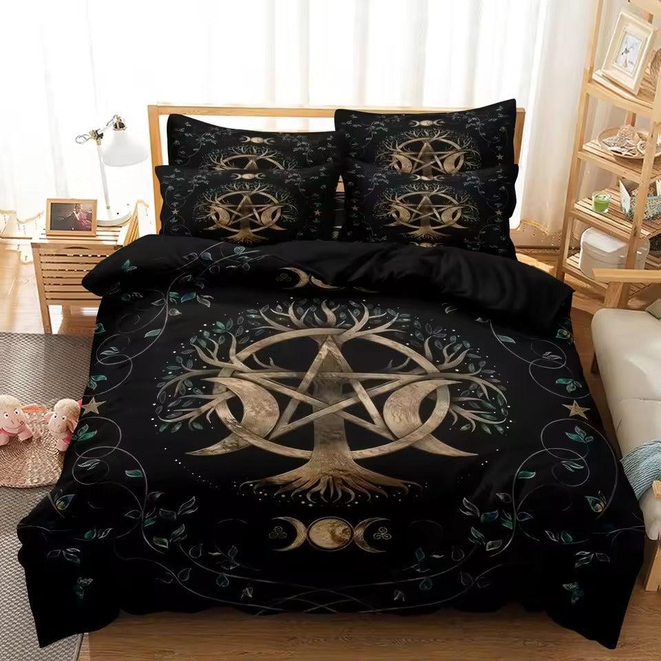 Pagan Bedding Set with Tree Of Life, Pentagram, Triple Moon Phase Wicca Duvet Cover Set-MoonChildWorld