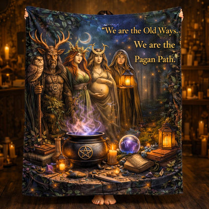 Dark pagan fleece blanket with deities, mystical elements, cauldron, and "We are the Old Ways" text.