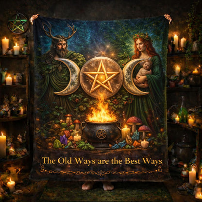 Pagan fleece blanket with Cernunnos, Goddess, Triple Moon, Pentacle, and "The Old Ways are the Best Ways" text.