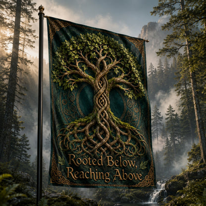 Close-up of Pagan Celtic Tree of Life house flag showing tree artwork