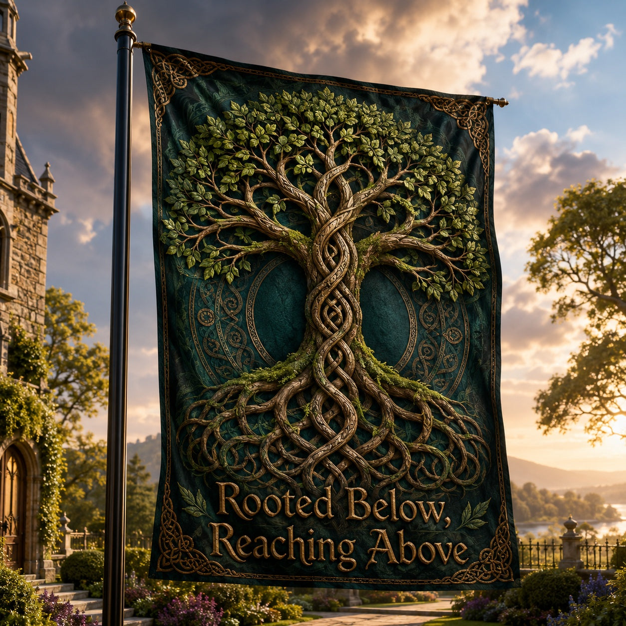 Pagan Celtic Tree of Life house flag with Rooted Below Reaching Above design