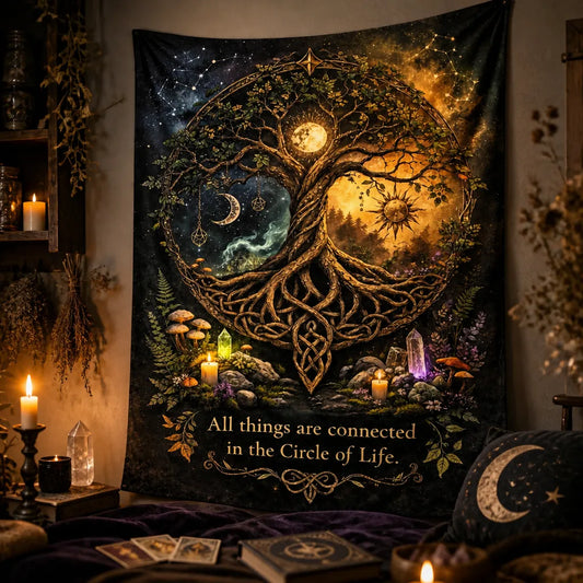 Pagan Celtic Tree of Life Tapestry with Sun & Moon - Wiccan Altar Wall Hanging_mockup_3.webp