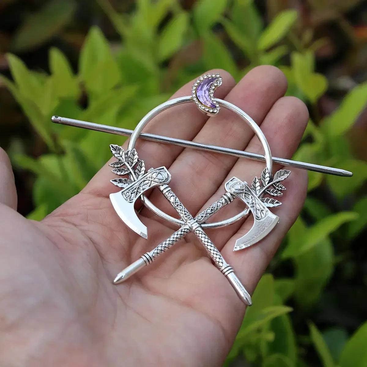 Pagan Crystal Crescent Moon Axe Leaves Hairclip Gothic Hairpin Occult Wicca Hair Accessories-MoonChildWorld