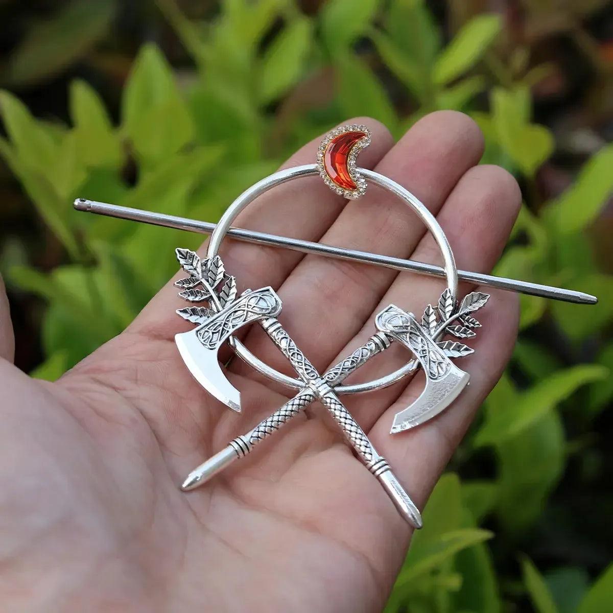 Pagan Crystal Crescent Moon Axe Leaves Hairclip Gothic Hairpin Occult Wicca Hair Accessories-MoonChildWorld