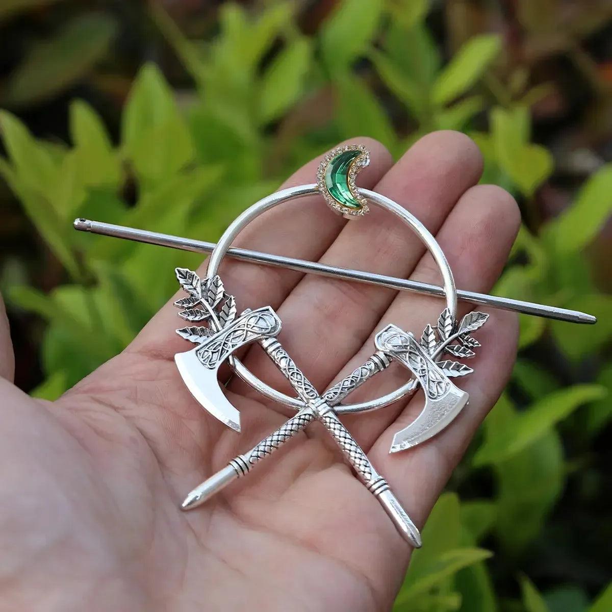 Pagan Crystal Crescent Moon Axe Leaves Hairclip Gothic Hairpin Occult Wicca Hair Accessories-MoonChildWorld