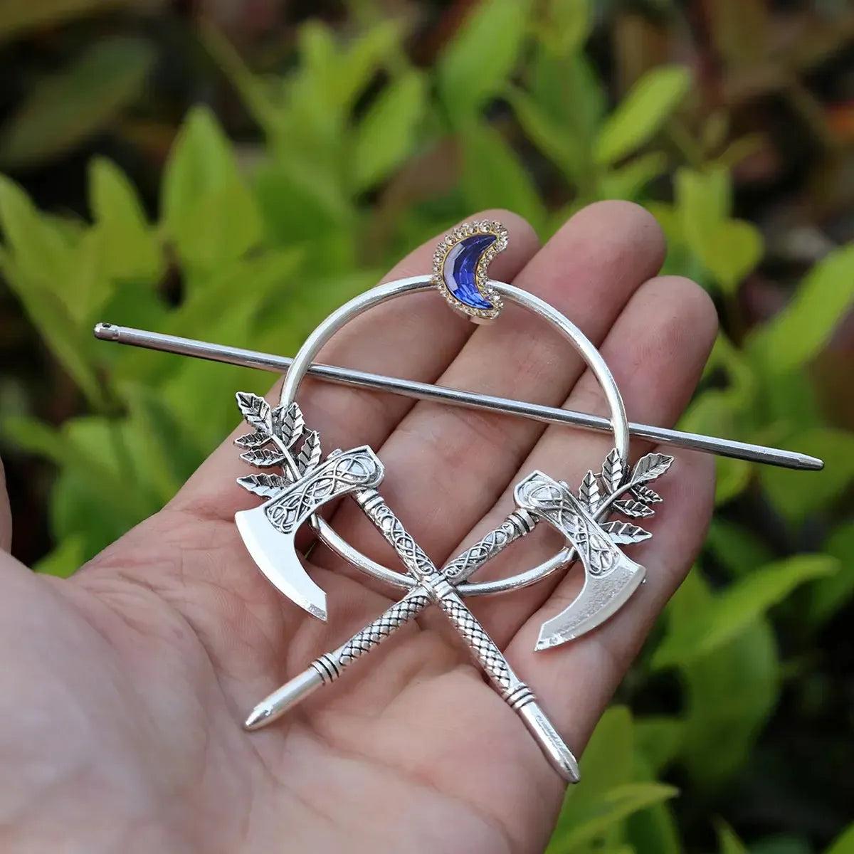 Pagan Crystal Crescent Moon Axe Leaves Hairclip Gothic Hairpin Occult Wicca Hair Accessories-MoonChildWorld