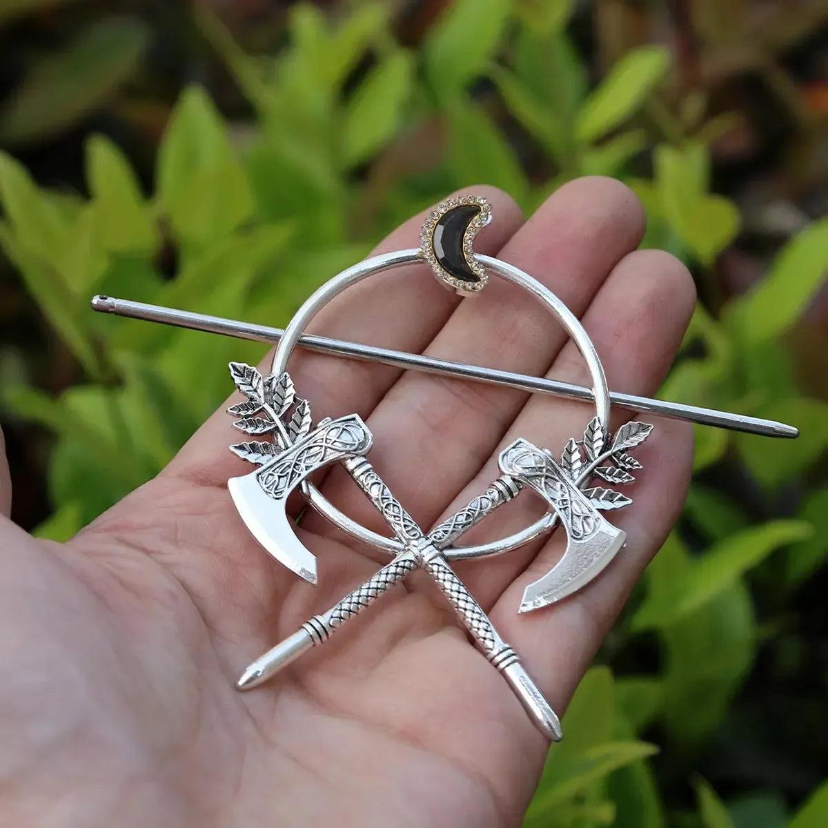 Pagan Crystal Crescent Moon Axe Leaves Hairclip Gothic Hairpin Occult Wicca Hair Accessories-MoonChildWorld