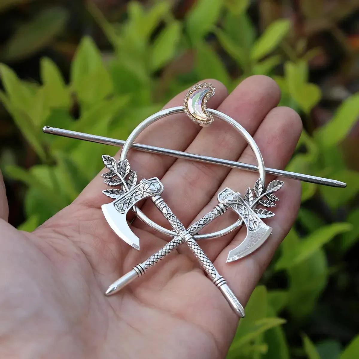 Pagan Crystal Crescent Moon Axe Leaves Hairclip Gothic Hairpin Occult Wicca Hair Accessories-MoonChildWorld