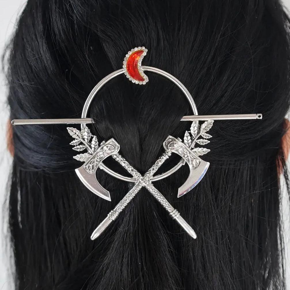Pagan Crystal Crescent Moon Axe Leaves Hairclip Gothic Hairpin Occult Wicca Hair Accessories-MoonChildWorld